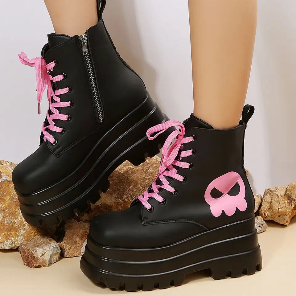 Skulled Pink Platform Boots