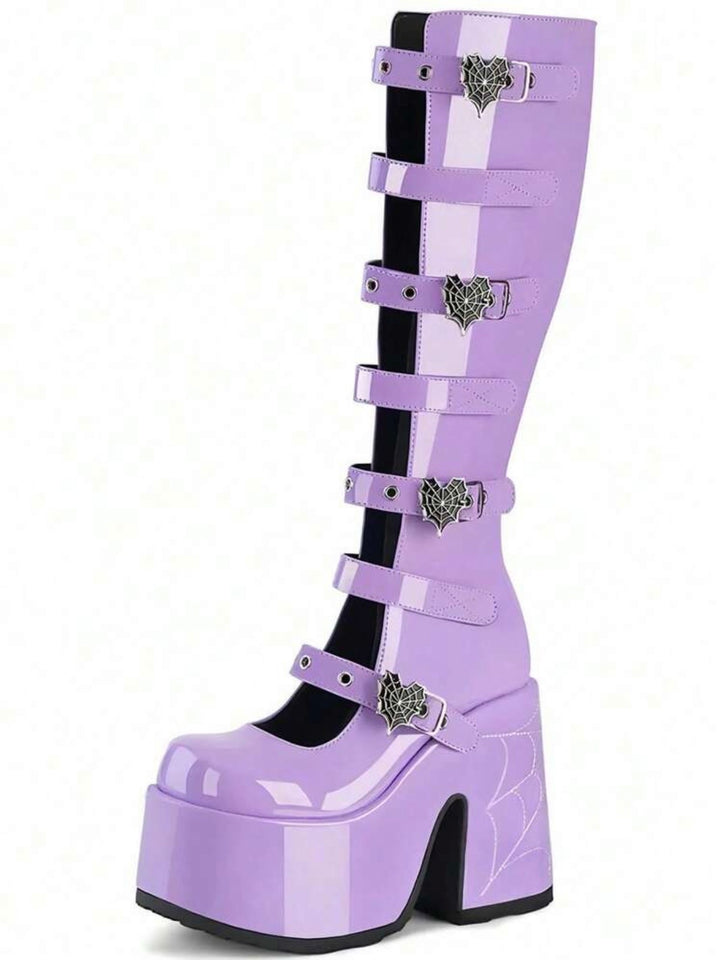 Purple Knee-High Buckled Platform Boots