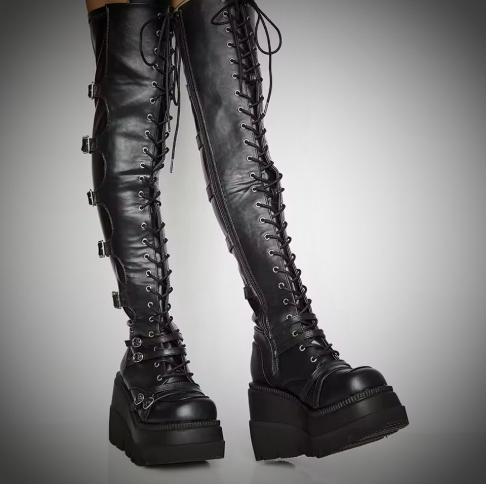 Gothic Wedged Thigh-High Platform Boots