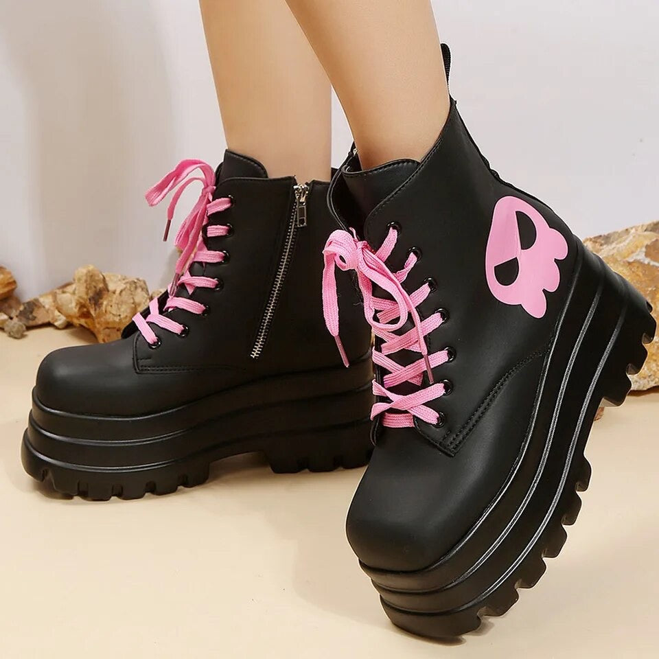 Skulled Pink Platform Boots