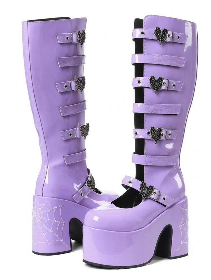 Purple Knee-High Buckled Platform Boots