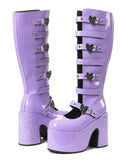 Purple Knee-High Buckled Platform Boots